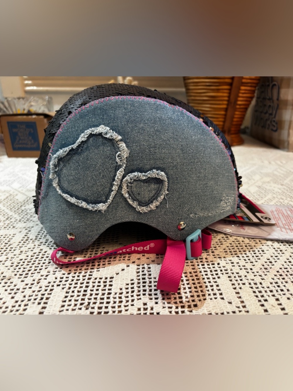 (WT 2026) Little Miss Matched Heart Denim Kids Helmet with Hot Pink Strap